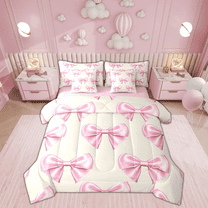 Manfei Dreamy Bowknot Bed in a Bag Twin size, Yellow Pink Bedding Sets Twin Size, Princess Ribbon Reversible Bedding Twin Size, Breathable Bedroom Decorative, 7pcs