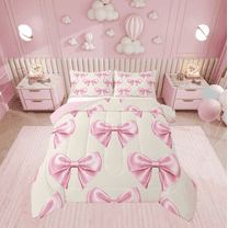 Manfei Dreamy Bowknot Bedding Twin Comforter Set, Yellow Pink Comforter Sets Twin Size, Princess Ribbon Reversible Comforters & Duvets, Breathable Bedroom Decorative, 2pcs
