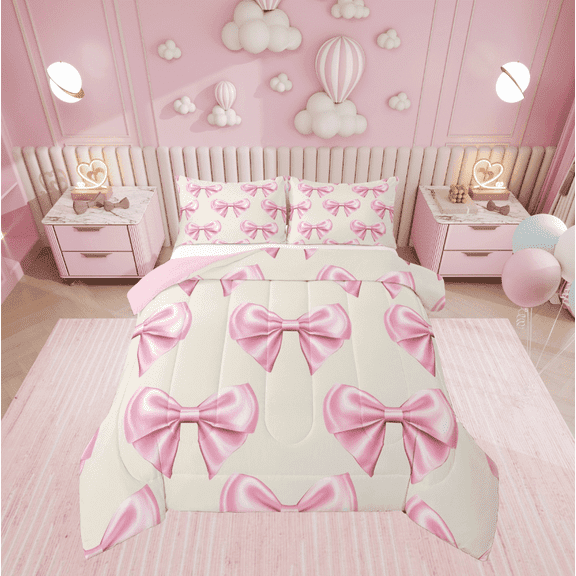 Manfei Dreamy Bowknot Bedding Twin Comforter Set, Yellow Pink Comforter Sets Twin Size, Princess Ribbon Reversible Comforters & Duvets, Breathable Bedroom Decorative, 2pcs