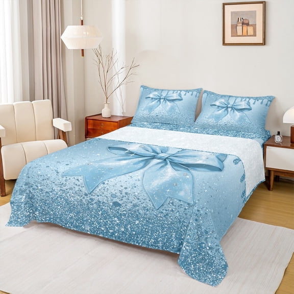 Manfei Dreamy Bowknot Twin Sheet Sets, Glitter Stars Print Sheet Set Twin, Cartoon Ribbon Bed Sheets Set Twin Size, Microfiber Room Decorative, 3pcs
