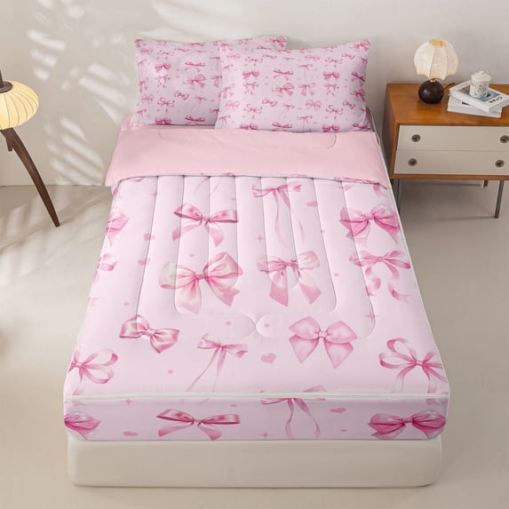 Manfei Dreamy Bowknot Zipper Full Size Comforter Sets with Fitted Sheet and 2 Pillowcases For Girls,Pink Ribbon Bow Kids Zipper Bedding Set,Pink Reversible,4-Piece