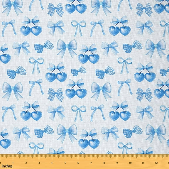 Manfei Dreamy Bowtie Sewing & Crafting Fabric (1 Yard) for Girls, Blue Cherry Bowknot Home Decor Fabric by the Yard, Kawaii Ribbon Print DIY Fabric