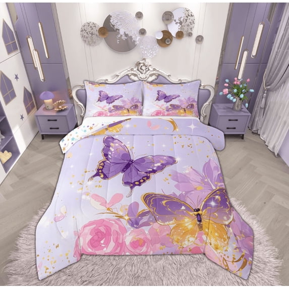Manfei Dreamy Butterfly Bedding Twin Comforter Set, Purple Down Comforter, Flower Floral Reversible Duvet Insert, Ultra Soft Bedroom Decor, 2 Pieces