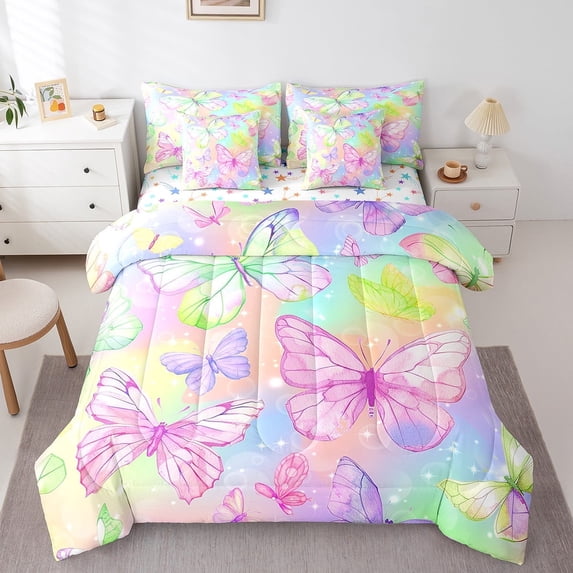 Manfei Dreamy Butterfly Bedding Twin Size, Rainbow Print Bedding Sets Twin Size, Cartoon Animal Reversible Comforter Sets with Sheets, Microfiber Room Decoration, 7pcs