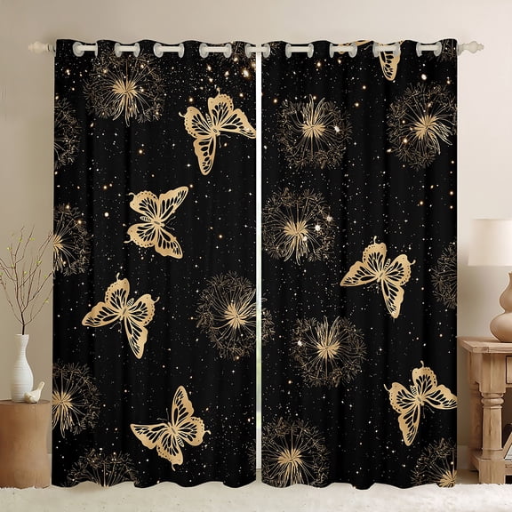 Manfei Dreamy Butterfly Child Blackout Curtains Set of 2 (52x84 Each), Gold Dandelion Print Window Curtains, Glitter Stars Print Curtains and Drapes, Curtains and Drapes Room Decor