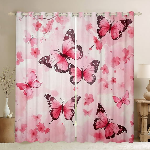 Manfei Dreamy Butterfly Child Curtains Pack of 2 (42x84 Each), Pink Cherry Blossoms Curtains Blackout, Romantic Anniversary Bedroom Curtains, Curtains Blackout Room Decor