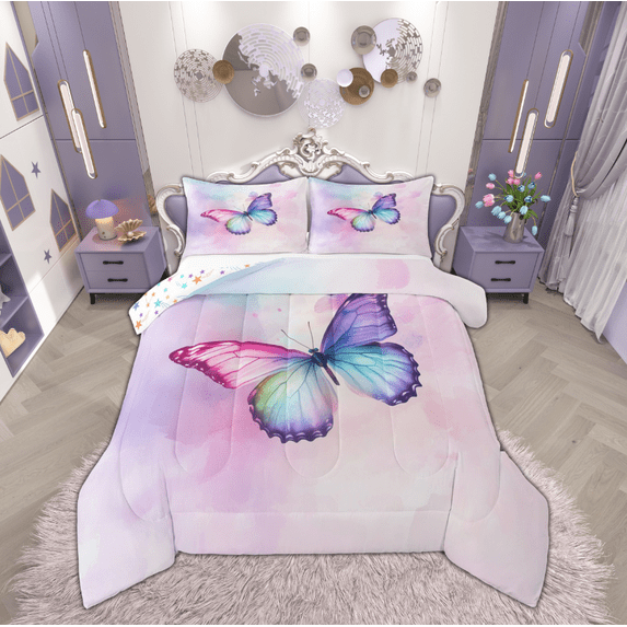 Manfei Dreamy Butterfly Child Full Size Comforter Sets, Pink Watercolor Art Bedding Comforter Set, Romantic Anniversary Reversible Bedding Sets, Luxury Bedroom Decor, 3 Pieces