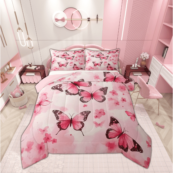 Manfei Dreamy Butterfly Child Queen Comforter Set, Pink Cherry Blossoms Bedding Comforter Set, Romantic Anniversary Reversible Bedding Set, Lightweight Room Decor, 3-Piece
