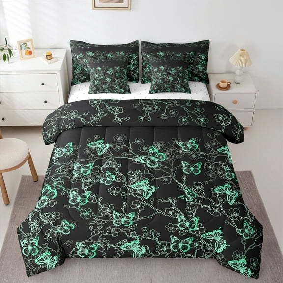 Manfei Dreamy Butterfly Child Twin Bedding Sets 7-Piece, Green Cherry Blossoms Bedding Comforter Set, Romantic Animal Sheet Sets, Microfiber Bedroom Decor