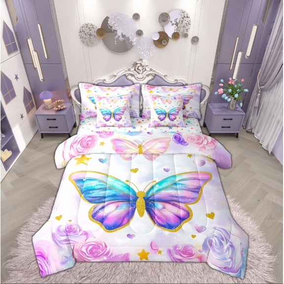 Manfei Dreamy Butterfly Child Twin Bedding Sets 7-Piece, Pink Rose Floral Bedding Comforter Set, Romantic Valentines Day Reversible Sheet Sets, Microfiber Bedroom Decor