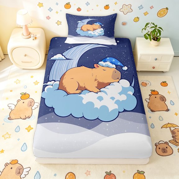 Manfei Dreamy Capybara Twin Fitted Sheet, Galaxy Stars Cloud Bedding, Royal Blue, 2-Piece, 1 Fitted Sheet and 1 Pillowcase