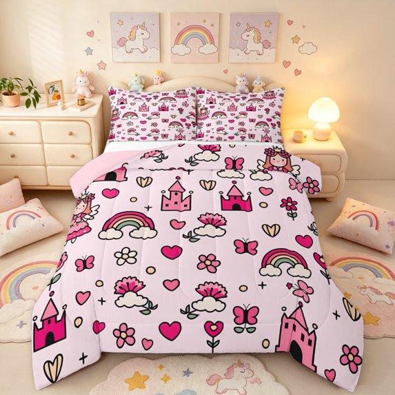 Manfei Dreamy Castle Queen Comforter Set, Butterfly Rainbow Comforter Sets Queen, Light Pink, Pink Reversible, 3 Pieces, 1 Comforter and 2 Pillowcases