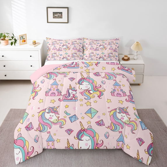 Manfei Dreamy Castle Queen Comforter Set,Sweet Unicorn Print Comforter Sets Queen,Pink,Pink Reversible,3-Piece,1 Comforter and 2 Pillowcases