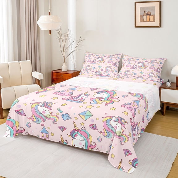 Manfei Dreamy Castle Queen Sheets,Sweet Unicorn Print Queen Sheet Sets,Pink,4-Piece,1 Flat Sheet, 1 Fitted Sheet and 2 Pillowcases