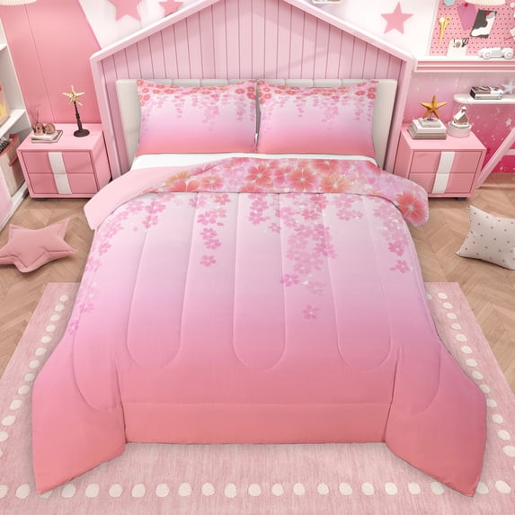 Manfei Dreamy Cherry Blossoms Full Size Comforter Sets, Spring Flower Floral Bedding Comforter Set, Teens Kids Girls Female Reversible Bedding Sets, Luxury Bedroom Decor, 3-Piece