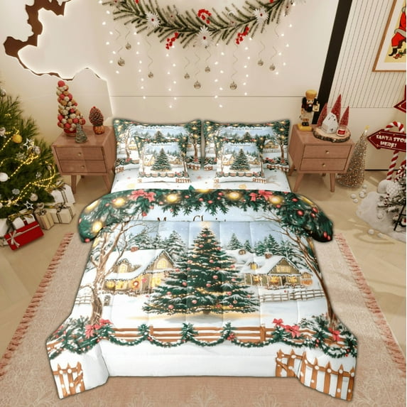 Manfei Dreamy Christmas Festival Bedding Comforter Set 7 Pieces for Kids, Glitter Xmas Tree Full Bedding Set, Fairy Tale Cabin Reversible Fitted Sheet Flat Sheet, Luxury Bedroom Decor