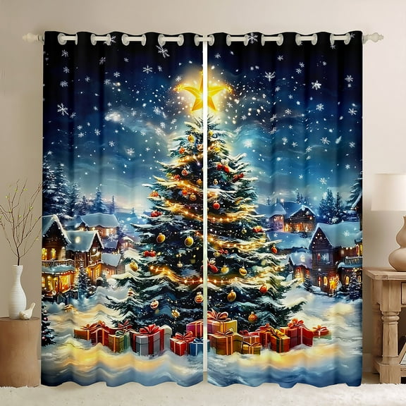 Manfei Dreamy Christmas Festival Black Out Curtains for Kids, Glitter Xmas Tree Curtains Pack of 2 (42x63 Each), Fairy Tale Bedroom Curtains, Window Curtains Room Decor