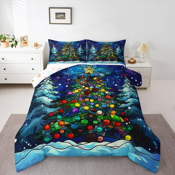 Manfei Dreamy Christmas Festival Full Size Comforter Sets for Kids, Glitter Xmas Tree Bedding Comforter Set, Fairy Tale Reversible Bedding Sets, Super Cozy Room Decor, 3-Piece