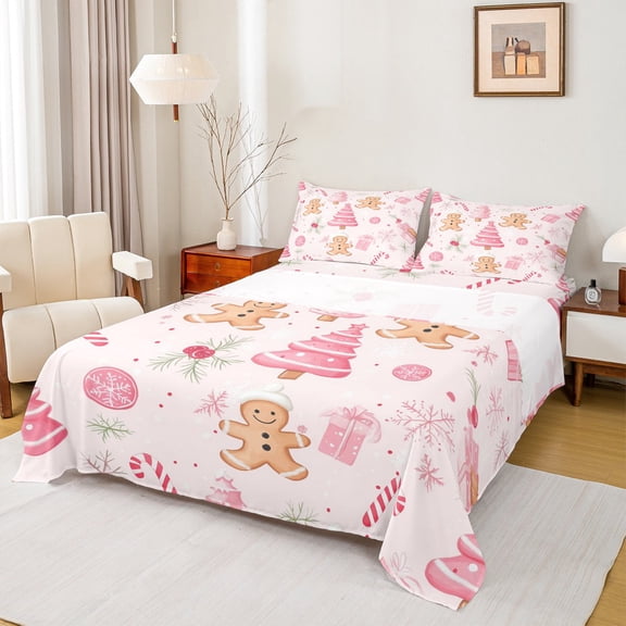 Manfei Dreamy Christmas Festival Full Size Sheets for Kids, Pink Xmas Tree Bed Sheets, Gingerbread Man Sheet Sets, Microfiber Bedroom Decor, 4 Pieces