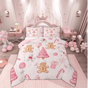 Manfei Dreamy Christmas Festival Queen Comforter Set for Kids, Pink Xmas Tree Bedding Sets, Gingerbread Man Reversible B