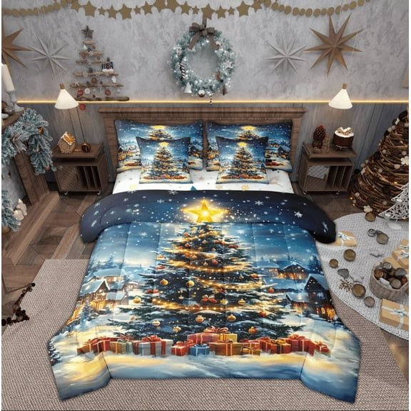 Manfei Dreamy Christmas Festival Twin Bedding Sets 7-Piece for Kids, Glitter Xmas Tree Bedding Comforter Set, Fairy Tale Reversible Sheet Sets, Super Cozy Room Decor