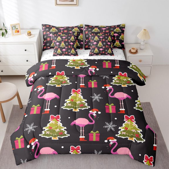 Manfei Dreamy Christmas Festival Twin Bedding Sets 7-Piece for Kids, Green Xmas Tree Bedding Comforter Set, Kawaii Flamingo Sheet Sets, Ultra Soft Home Decor