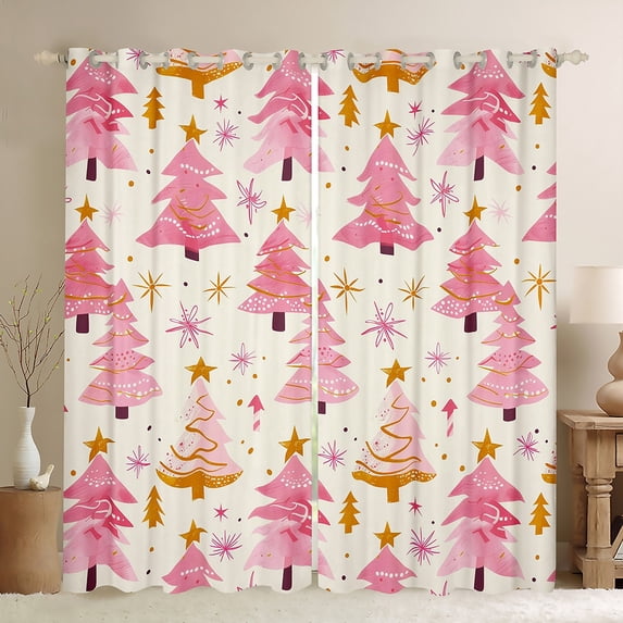 Manfei Dreamy Christmas Tree Blackout Curtains Set of 2 (52x84 Each),Kawaii Stars Print Window Curtains,Pink Beige Curtains and Drapes For Boys Kids,Microfiber Bedroom Decor