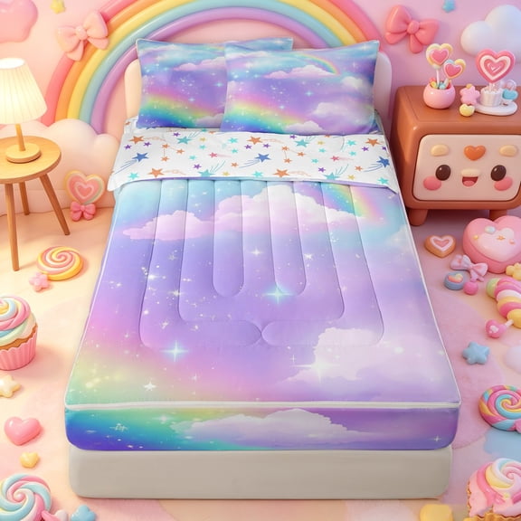 Manfei Dreamy Cloud Zipper Full Size Comforter Sets with Fitted Sheet and 2 Pillowcases, Galaxy Rainbow Zipper Bedding Set, Lavender Blue, Stars Reversible, 4-Piece