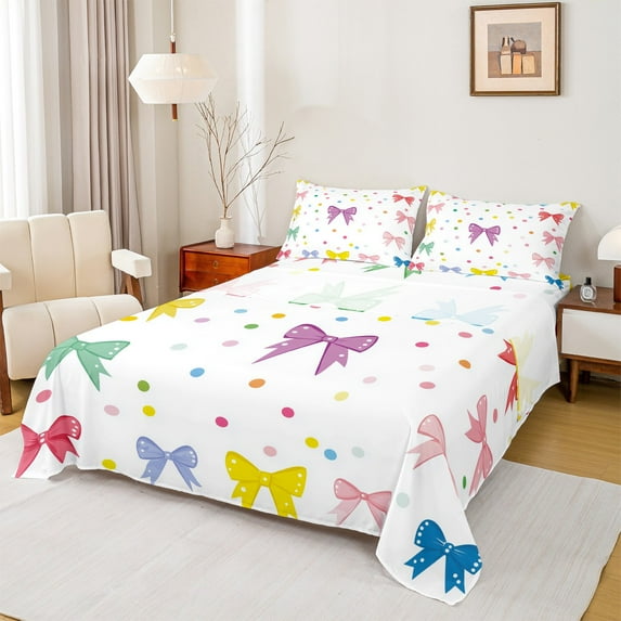 Manfei Dreamy Colorful Bowknot Twin Sheet Sets for Girls, Fairy Tale Princess Twin Fitted Sheet, Cartoon Polkadots Flat Sheet, Microfiber Bedroom Decor, 3pcs