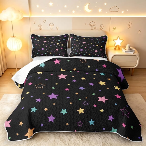 Manfei Dreamy Colorful Stars Quilt Full,Kawaii Cartoon Theme Full Bedspread Sets,Black,Black Reversible,3-Piece,1 Coverlet and 2 Pillowcases