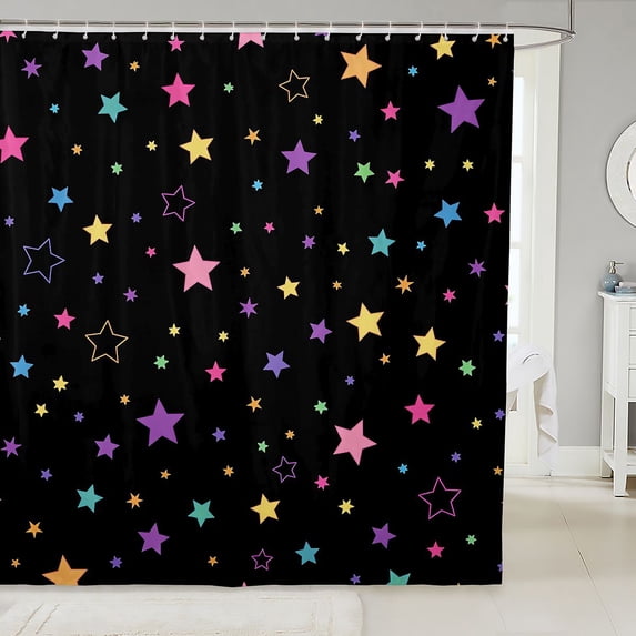 Manfei Dreamy Colorful Stars Shower Curtain 72Wx78L,Kawaii Cartoon Theme Bath Curtain,Black
