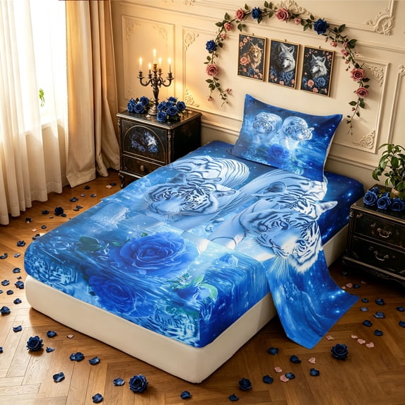 Manfei Dreamy Couple Tiger Twin Sheets, Romantic Blue Rose Bedding, Blue White, 3 Pieces, 1 Flat Sheet, 1 Fitted Sheet and 1 Pillowcase