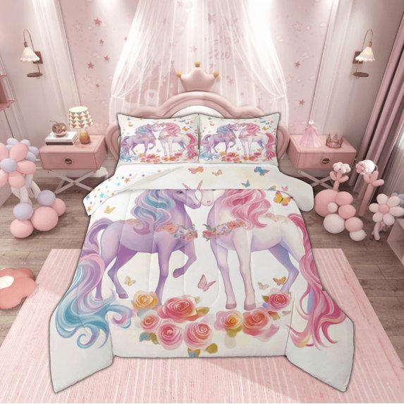 Manfei Dreamy Couple Unicorn Full Size Comforter Sets, Romantic Rose Flower Bedding Comforter Set, Fairy Tale Animal Reversible Bedding Sets, Lightweight Room Decor, 3-Piece