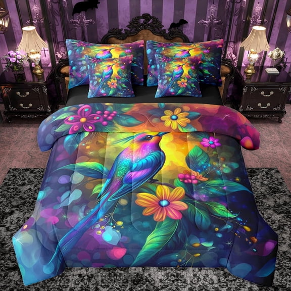 Manfei Dreamy Cute Hummingbird Bedding Comforter Set 7 Pieces, Vibrant Groovy Floral Full Bedding Set, Kawaii Bird Wildlife Reversible Fitted Sheet Flat Sheet, Super Cozy Room Decor