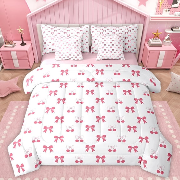 Manfei Dreamy Cute Ribbon Bedding Comforter Set 7pcs for Kids, Kawaii Cartoon Cherry Queen Bedding Sets, Fairy Tale Reversible Queen Sheet Sets, Microfiber Bedroom Decor