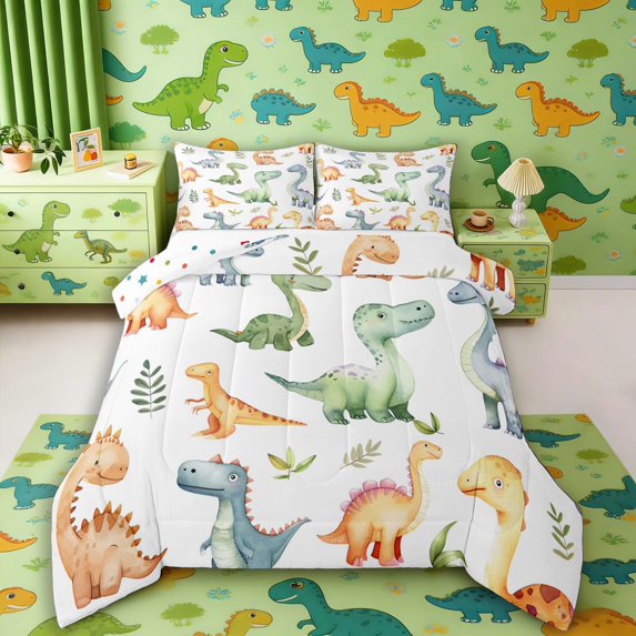 Manfei Dreamy Dinosaur Animals Full Size Comforter Sets,Cute Wildlife Bedding Comforter Set,White,Polkadot Reversible,3 Pieces,1 Comforter and 2 Pillowcases