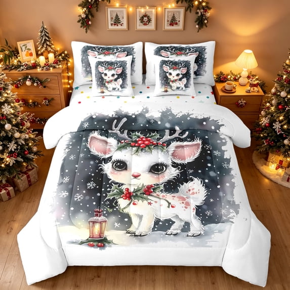Manfei Dreamy Elk Twin Bedding, Farmhouse Christmas Holly Berry Bedding Comforter Set, White Gray, Polkadot Reversible, 7-Piece