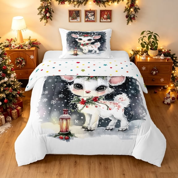 Manfei Dreamy Elk Twin Comforter Sets, Farmhouse Christmas Holly Berry Bedding Set, White Gray, Polkadot Reversible, 2-Piece, 1 Comforter and 1 Pillowcase
