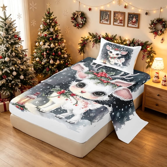 Manfei Dreamy Elk Twin Sheets, Farmhouse Christmas Holly Berry Bedding, White Gray, 3-Piece, 1 Flat Sheet, 1 Fitted Sheet and 1 Pillowcase