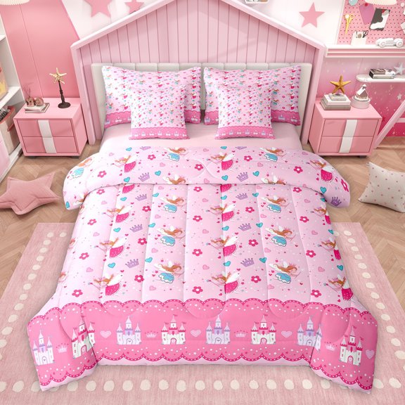 Homewish Dreamy Fairy Elf Twin Bedding Sets 7-Piece for Kid, Kawaii Cartoon Castle Bedding Comforter Set, Fairy Tale Princess Reversible Sheet Sets, Super Cozy Room Decor