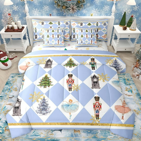 Manfei Dreamy Fairy Princess Bedding Comforter Set 7pcs for Teen, Blue Buffalo Checkered King Bedding Sets, Royal Nutcracker Guard Reversible Bed Sheets, Super Cozy Room Decor