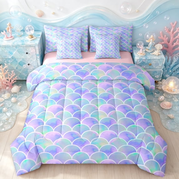 Manfei Dreamy Fish Scale Queen Bedding, Iridescent Shell Bedding Comforter Set Queen, Purple Blue, Pink Reversible, 7pcs
