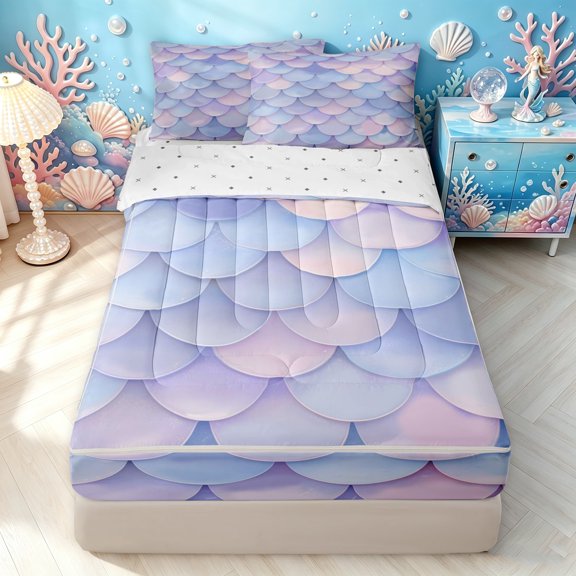Manfei Dreamy Fish Scale Zipper Twin Comforter Sets with Fitted Sheet and 2 Pillowcases, Fish Mermaid Tail Zipper Bedding Set, Lavender Blue, Reversible, 4pcs