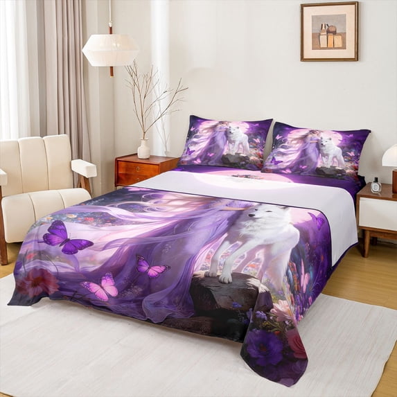 Manfei Dreamy Flower Lady Bed Sheets,Pretty Butterfly Full Size Sheets,Purple,4 Pieces,1 Flat Sheet, 1 Fitted Sheet and 2 Pillowcases