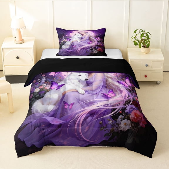 Manfei Dreamy Flower Lady Twin Comforter Sets,Cute Flowers Bedding Set,Purple,Black Reversible,2 Pieces,1 Comforter and 1 Pillowcase