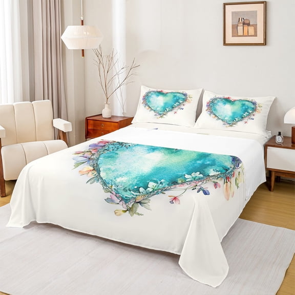Manfei Dreamy Flower Twin Sheet Sets, Dreamy Garden Floral Twin Fitted Sheet, Romantic Love Heart Flat Sheet, Luxury Bedroom Decor, 3-Piece
