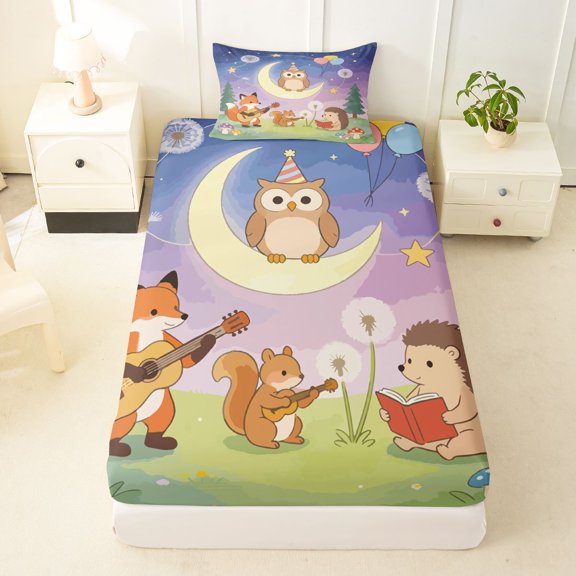 Manfei Dreamy Forest Owl Twin Fitted Sheet, Musical Wildlife Bedding, Purple Green, 2 Pieces, 1 Fitted Sheet and 1 Pillowcase