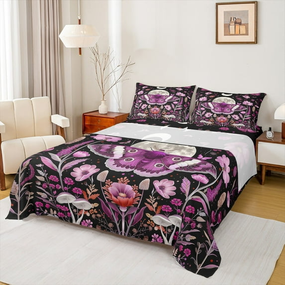 Manfei Dreamy Fuchsia Butterfly Full Size Sheets, Mystic Galaxy Moon Bed Sheets, Mandala Jungle Floral Sheet Sets, Breathable Home Decor, 4pcs