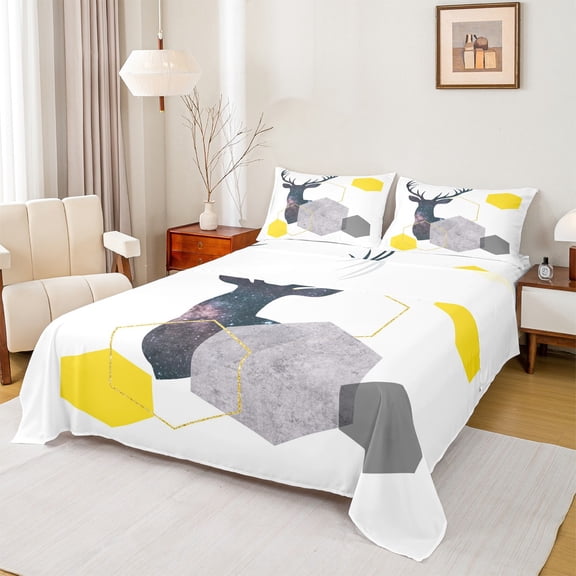 Manfei Dreamy Galaxy Deer Bed Sheets for Kids, Honeycomb Geometric King Sheets, Modern Stripes Sheet Set, Breathable Home Decor, 4pcs
