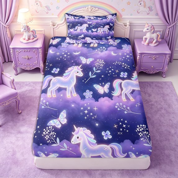 Manfei Dreamy Galaxy Unicorn Twin Fitted Sheet 2 Pieces,Kawaii Floral Butterfly Bedding,1 Fitted Sheet and 1 Pillowcase
